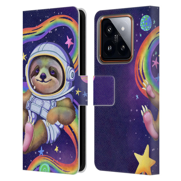 Carla Morrow Rainbow Animals Sloth Wearing A Space Suit Leather Book Wallet Case Cover For Xiaomi 14