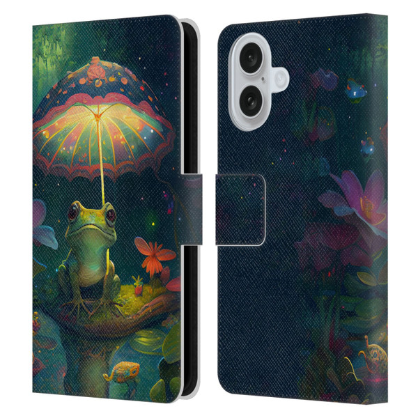 JK Stewart Art Frog With Umbrella Leather Book Wallet Case Cover For Apple iPhone 16