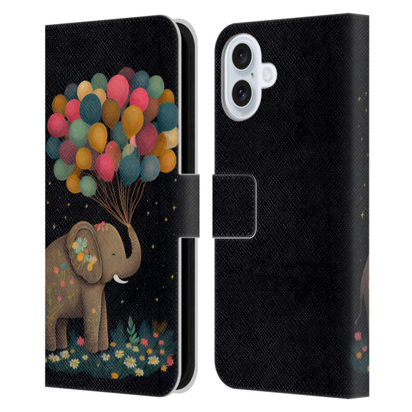 JK Stewart Art Elephant Holding Balloon Leather Book Wallet Case Cover For Apple iPhone 16 Plus