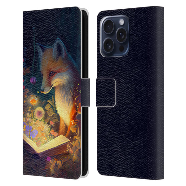JK Stewart Art Fox Reading Leather Book Wallet Case Cover For Apple iPhone 16 Pro Max