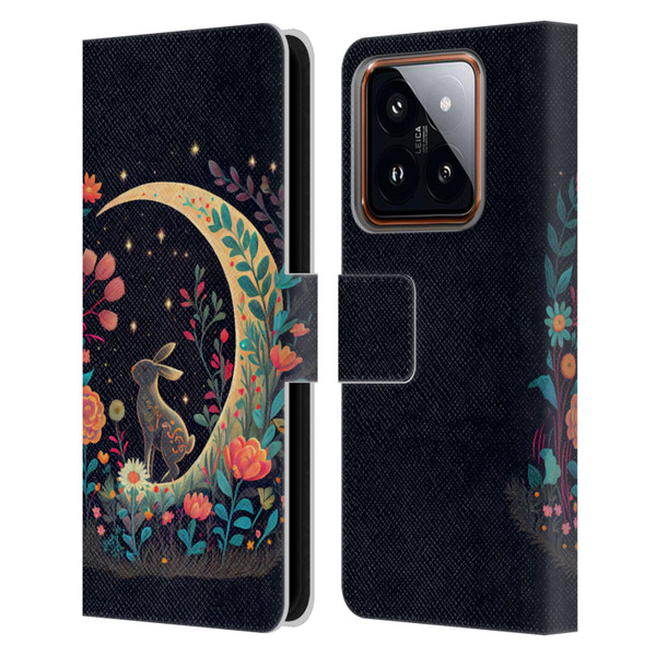 JK Stewart Key Art Rabbit On Crescent Moon Leather Book Wallet Case Cover For Xiaomi 14