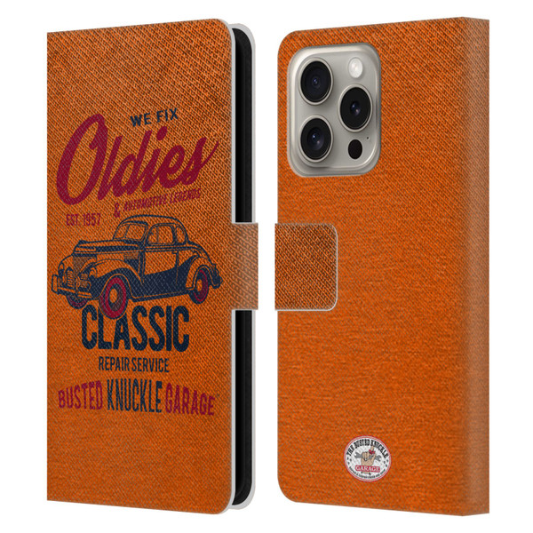Busted Knuckle Garage Graphics Classic Leather Book Wallet Case Cover For Apple iPhone 16 Pro