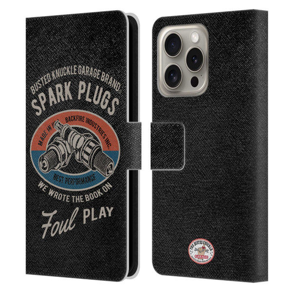 Busted Knuckle Garage Graphics Spark Plugs Leather Book Wallet Case Cover For Apple iPhone 16 Pro
