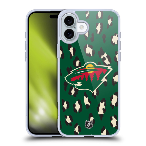 NHL Minnesota Wild Leopard Pattern Soft Gel Case for Apple iPhone 16 Plus