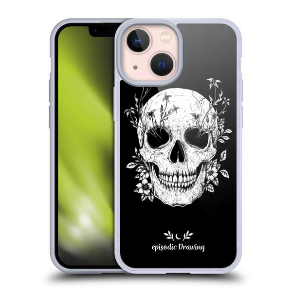 Episodic Drawing Mix Illustrations Floral Skull Soft Gel Case for Apple iPhone 13 Mini