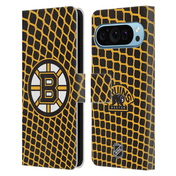 NHL Boston Bruins Net Pattern Leather Book Wallet Case Cover For Google Pixel 9 / Pixel 9 Pro