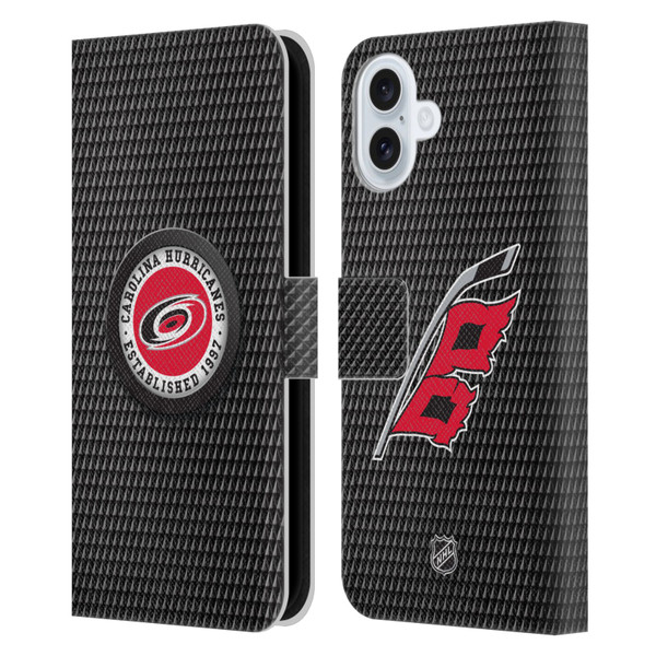 NHL Carolina Hurricanes Puck Texture Leather Book Wallet Case Cover For Apple iPhone 16 Plus