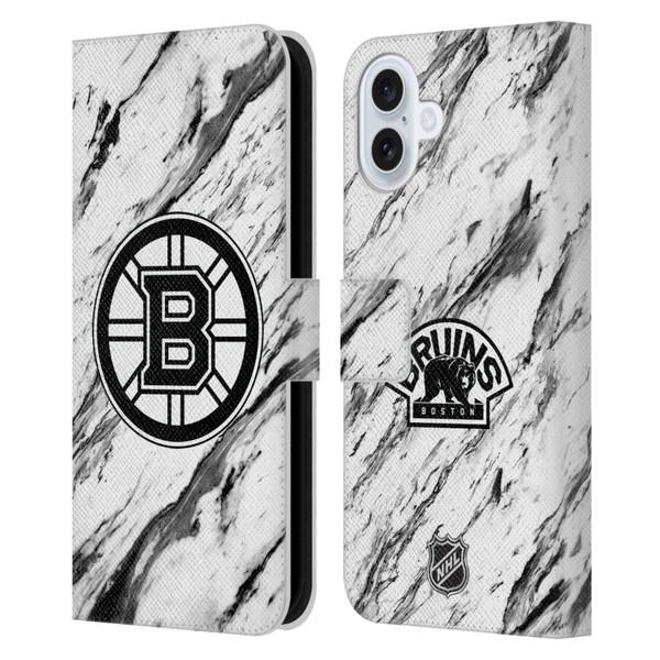 NHL Boston Bruins Marble Leather Book Wallet Case Cover For Apple iPhone 16 Plus