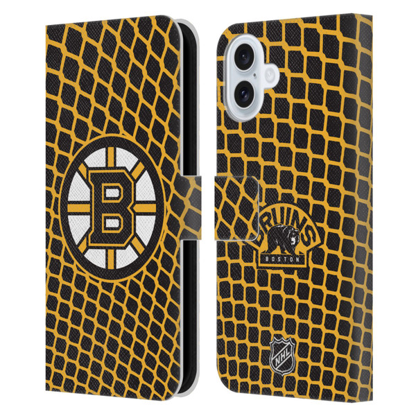 NHL Boston Bruins Net Pattern Leather Book Wallet Case Cover For Apple iPhone 16 Plus