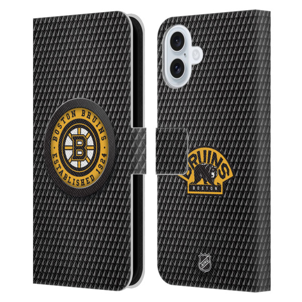 NHL Boston Bruins Puck Texture Leather Book Wallet Case Cover For Apple iPhone 16 Plus