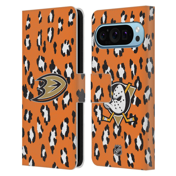NHL Anaheim Ducks Leopard Patten Leather Book Wallet Case Cover For Google Pixel 9 / Pixel 9 Pro