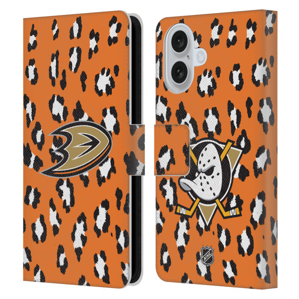 NHL Anaheim Ducks Leopard Patten Leather Book Wallet Case Cover For Apple iPhone 16