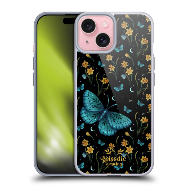 Episodic Drawing Moth Patterns Daffodil Flowers Soft Gel Case for Apple iPhone 15