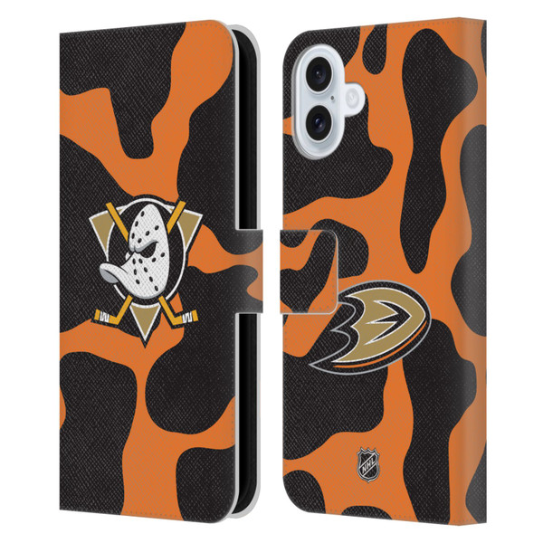 NHL Anaheim Ducks Cow Pattern Leather Book Wallet Case Cover For Apple iPhone 16 Plus
