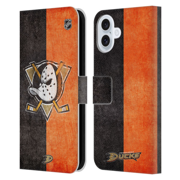 NHL Anaheim Ducks Half Distressed Leather Book Wallet Case Cover For Apple iPhone 16 Plus