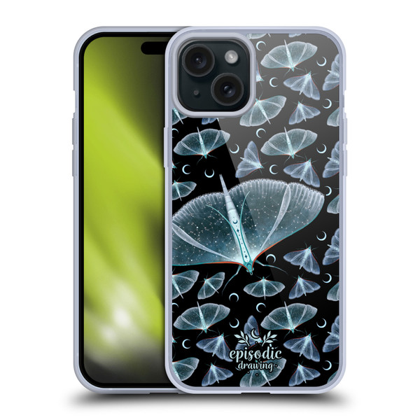 Episodic Drawing Moth Patterns Translucent Soft Gel Case for Apple iPhone 15 Plus