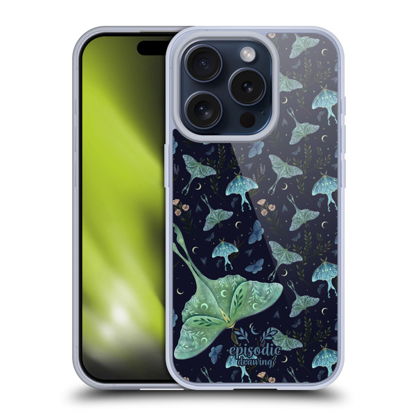 Episodic Drawing Moth Patterns Green Soft Gel Case for Apple iPhone 15 Pro