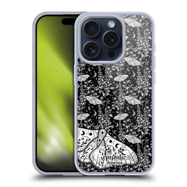 Episodic Drawing Moth Patterns White Soft Gel Case for Apple iPhone 15 Pro