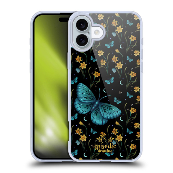 Episodic Drawing Moth Patterns Daffodil Flowers Soft Gel Case for Apple iPhone 16 Plus