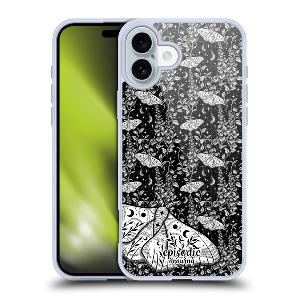 Episodic Drawing Moth Patterns White Soft Gel Case for Apple iPhone 16 Plus
