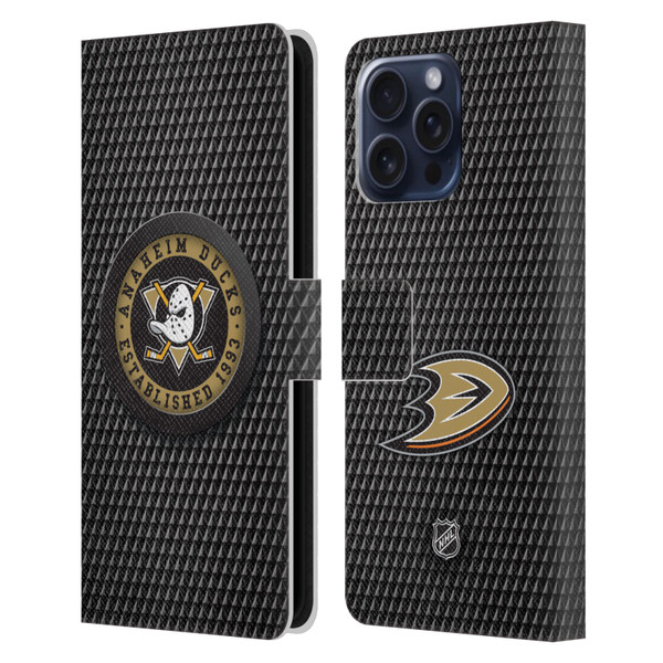 NHL Anaheim Ducks Puck Texture Leather Book Wallet Case Cover For Apple iPhone 16 Pro Max