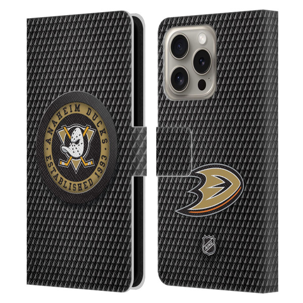 NHL Anaheim Ducks Puck Texture Leather Book Wallet Case Cover For Apple iPhone 16 Pro
