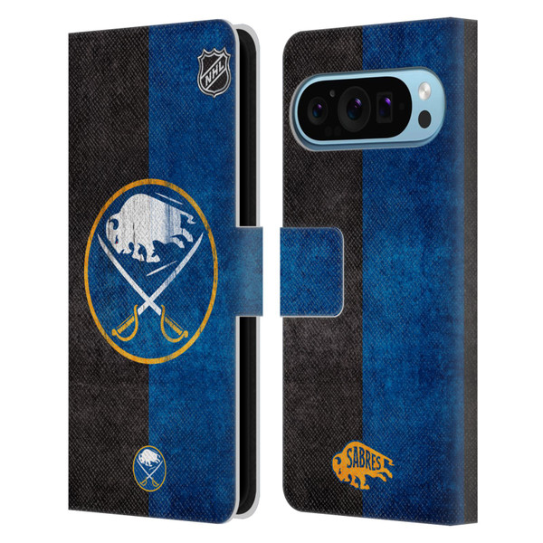 NHL Buffalo Sabres Half Distressed Leather Book Wallet Case Cover For Google Pixel 9 / Pixel 9 Pro