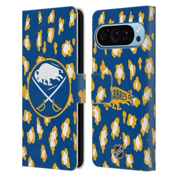NHL Buffalo Sabres Leopard Patten Leather Book Wallet Case Cover For Google Pixel 9 / Pixel 9 Pro