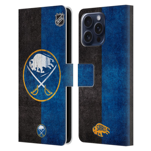 NHL Buffalo Sabres Half Distressed Leather Book Wallet Case Cover For Apple iPhone 16 Pro Max