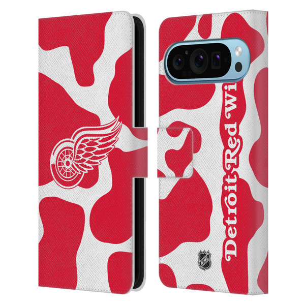 NHL Detroit Red Wings Cow Pattern Leather Book Wallet Case Cover For Google Pixel 9 / Pixel 9 Pro