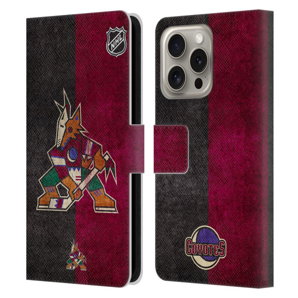 NHL Arizona Coyotes Half Distressed Leather Book Wallet Case Cover For Apple iPhone 16 Pro