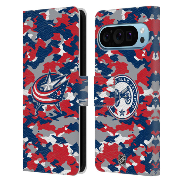 NHL Columbus Blue Jackets Camouflage Leather Book Wallet Case Cover For Google Pixel 9 / Pixel 9 Pro