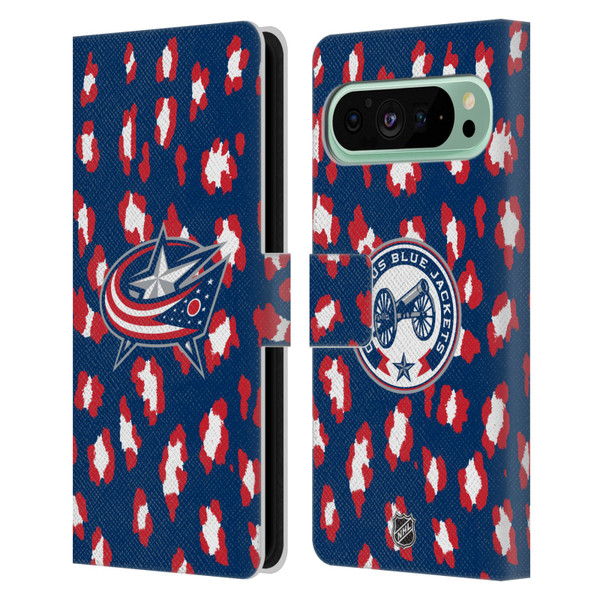 NHL Columbus Blue Jackets Leopard Patten Leather Book Wallet Case Cover For Google Pixel 9 Pro XL