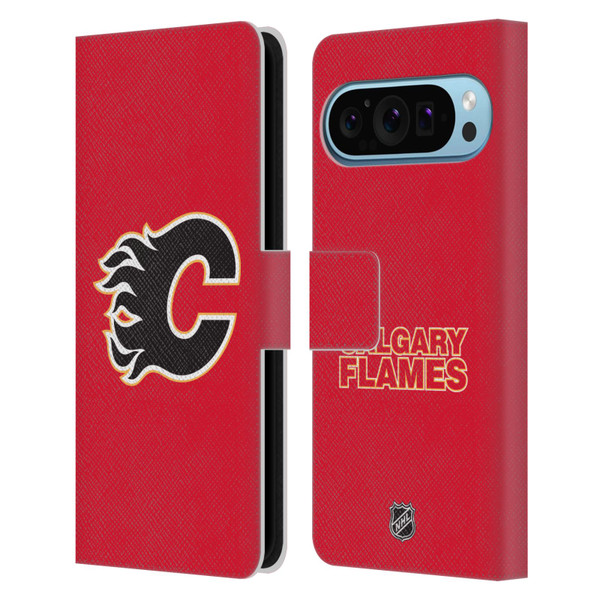 NHL Calgary Flames Plain Leather Book Wallet Case Cover For Google Pixel 9 / Pixel 9 Pro