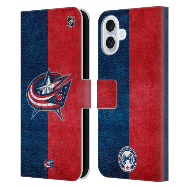 NHL Columbus Blue Jackets Half Distressed Leather Book Wallet Case Cover For Apple iPhone 16 Plus