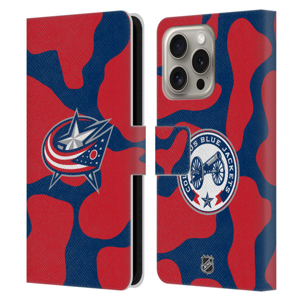 NHL Columbus Blue Jackets Cow Pattern Leather Book Wallet Case Cover For Apple iPhone 16 Pro