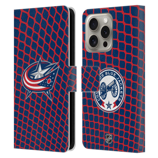 NHL Columbus Blue Jackets Net Pattern Leather Book Wallet Case Cover For Apple iPhone 16 Pro