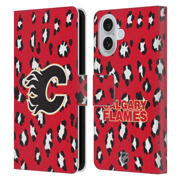 NHL Calgary Flames Leopard Patten Leather Book Wallet Case Cover For Apple iPhone 16