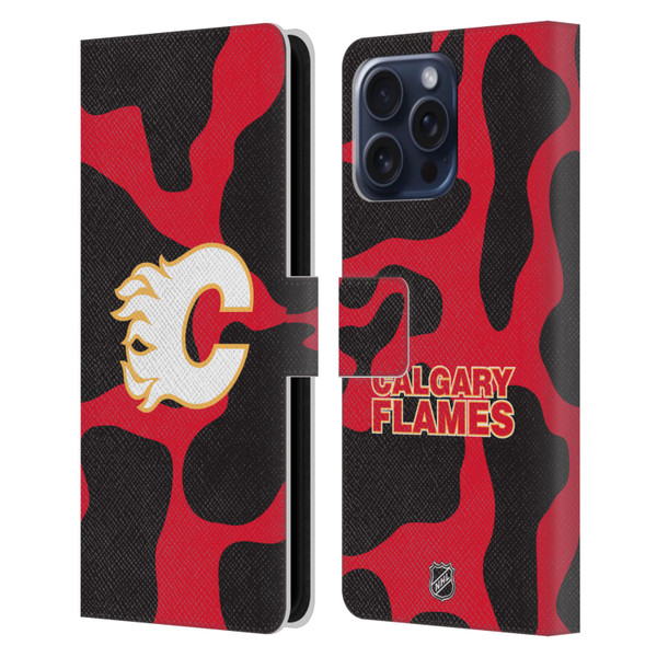 NHL Calgary Flames Cow Pattern Leather Book Wallet Case Cover For Apple iPhone 16 Pro Max