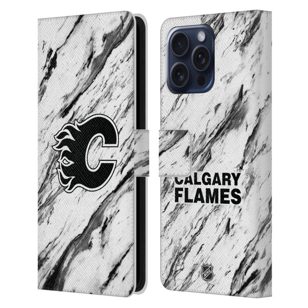 NHL Calgary Flames Marble Leather Book Wallet Case Cover For Apple iPhone 16 Pro Max