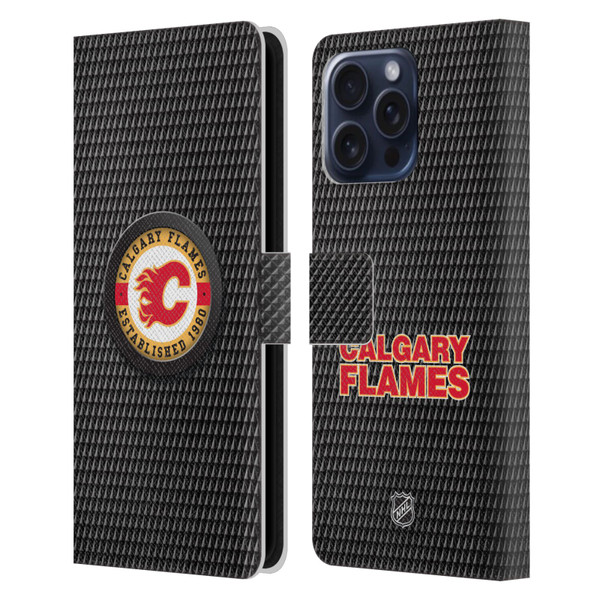 NHL Calgary Flames Puck Texture Leather Book Wallet Case Cover For Apple iPhone 16 Pro Max