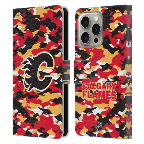 NHL Calgary Flames Camouflage Leather Book Wallet Case Cover For Apple iPhone 16 Pro