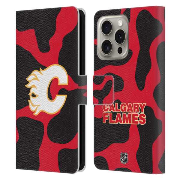 NHL Calgary Flames Cow Pattern Leather Book Wallet Case Cover For Apple iPhone 16 Pro