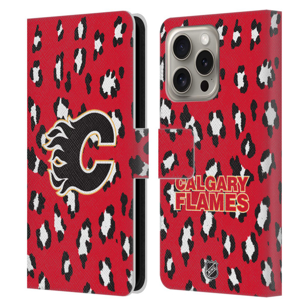 NHL Calgary Flames Leopard Patten Leather Book Wallet Case Cover For Apple iPhone 16 Pro