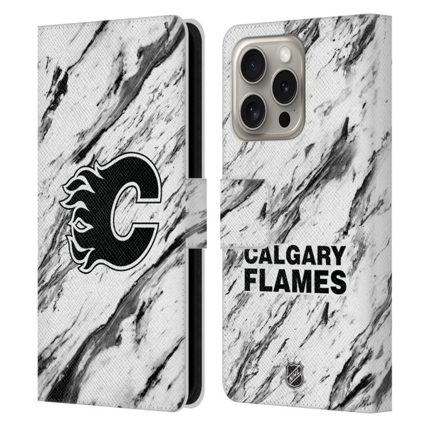 NHL Calgary Flames Marble Leather Book Wallet Case Cover For Apple iPhone 16 Pro