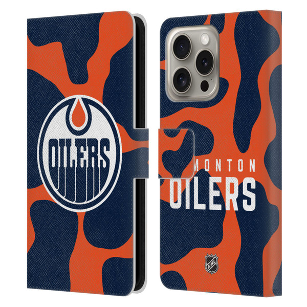 NHL Edmonton Oilers Cow Pattern Leather Book Wallet Case Cover For Apple iPhone 16 Pro
