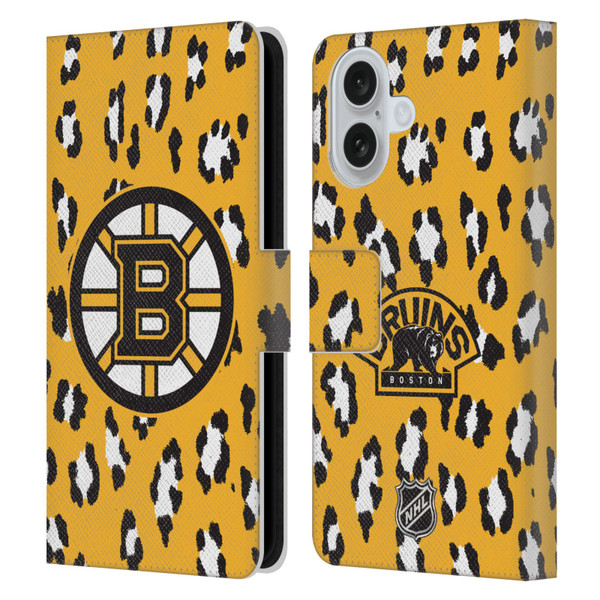 NHL Boston Bruins Leopard Patten Leather Book Wallet Case Cover For Apple iPhone 16
