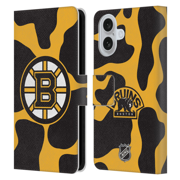 NHL Boston Bruins Cow Pattern Leather Book Wallet Case Cover For Apple iPhone 16