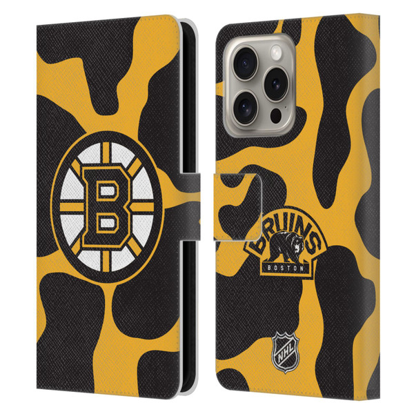 NHL Boston Bruins Cow Pattern Leather Book Wallet Case Cover For Apple iPhone 16 Pro