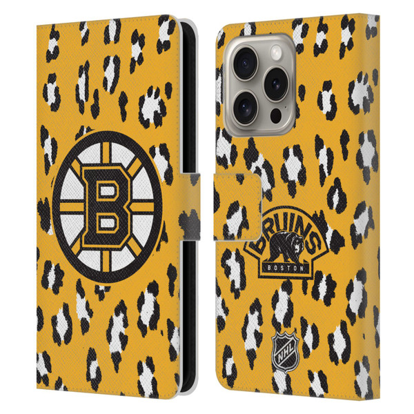 NHL Boston Bruins Leopard Patten Leather Book Wallet Case Cover For Apple iPhone 16 Pro